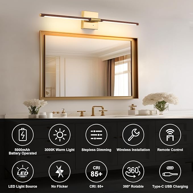 36 Inch Battery Operated Wall Sconces Set of 2, Dimmable Battery Wall Sconce with Remote Control, Walnut Gold LED Rechargeable Sconces, Modern Wireless Wall Lights for Bedroom, Living Room