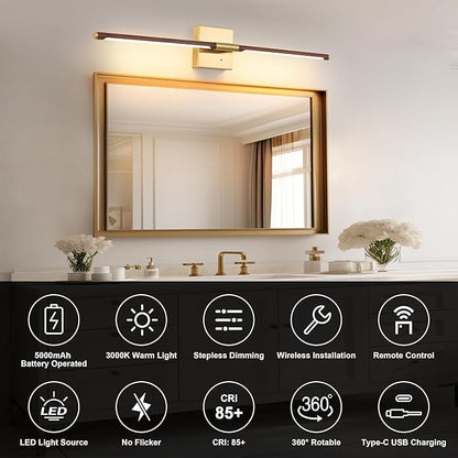 36 Inch Battery Operated Wall Sconces Set of 2, Dimmable Battery Wall Sconce with Remote Control, Walnut Gold LED Rechargeable Sconces, Modern Wireless Wall Lights for Bedroom, Living Room