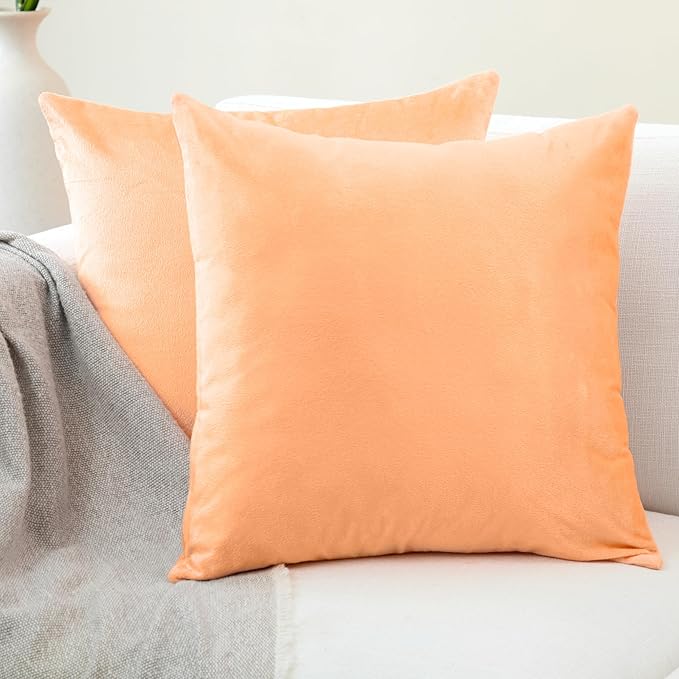 Encasa XO Velvet Throw Pillow Covers 16x16 in (40x40 cm) - Peach - No Inserts, Pack of 2 Cases | Solid Plain Dyed Soft & Smooth, Square Decorative Cushion Covers for Living & Bedroom