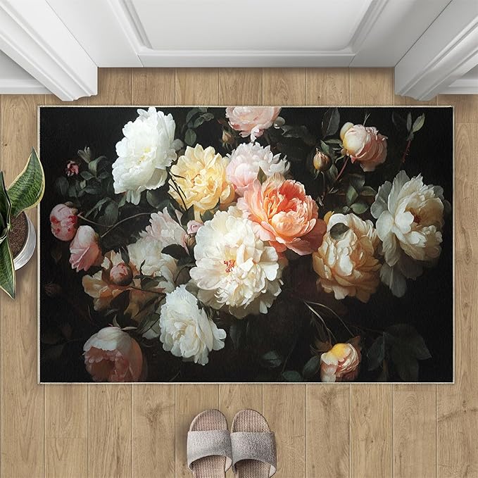 Flowers 3x5 Area Rugs for Living Room Peony Washable Rug Rustic Flowers Rug Non Slip Low Pile Soft Area Rugs for Bedroom Bedside Dining Room Kids