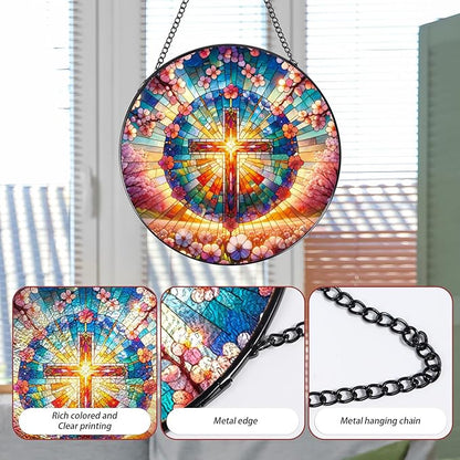 Rngmsi Cross Stained Glass Window Hanging, 7.8″ Sun Catchers with Hook Indoor Window Decor, Decorative Suncatchers Home Garden Art Gift for Thanksgiving Christmas Housewarming