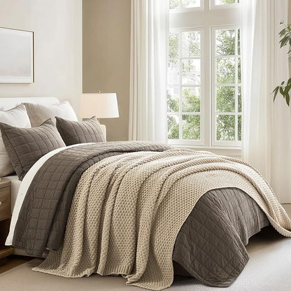 EVERGRACEHOME Chunky Chenille Knit Throw Blanket for Couch, Soft Luxurious Oversized King Moss Stitch Blanket for Bed, Large Cozy Farmhouse Knitted Throw for Sofa, Sand Dune, 92" x 108"