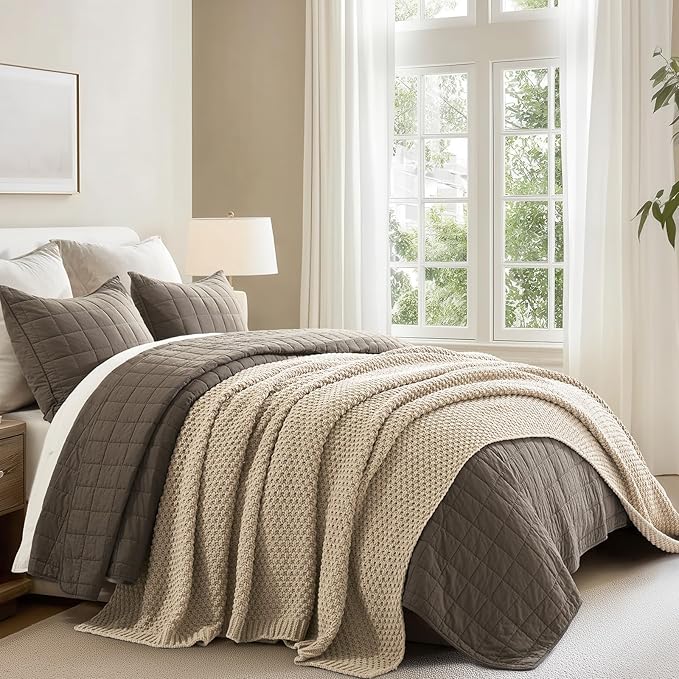 EVERGRACEHOME Chunky Chenille Knit Throw Blanket for Couch, Soft Luxurious Oversized Queen Moss Stitch Blanket for Bed, Large Cozy Farmhouse Knitted Throw for Sofa, Sand Dune, 90" x 90"
