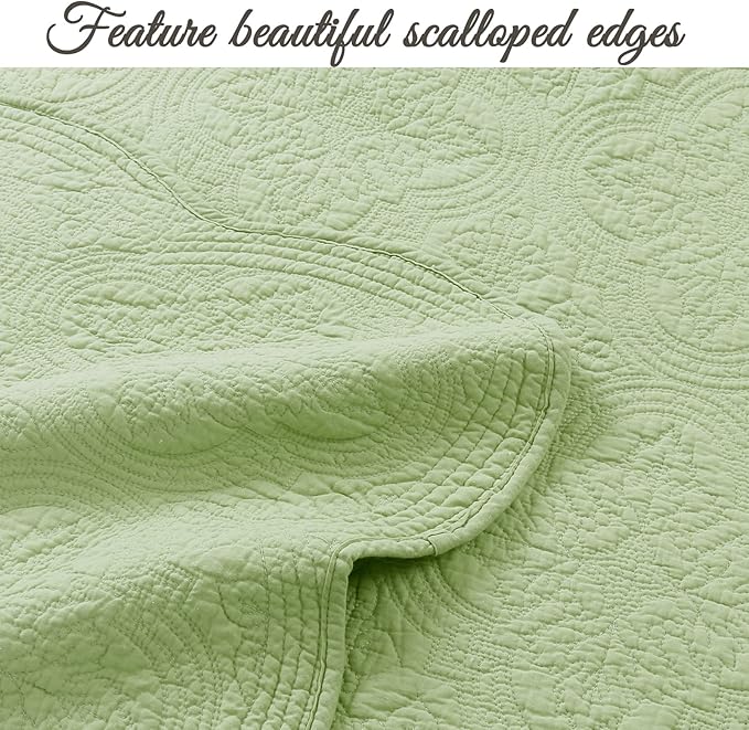 Cozy Line Home Fashions 100% Cotton Medallion Matelasse Embossed Bedding Quilt Set, Reversible Lightweight Bedspread, Coverlet for All Season (Blantyre - Green, Queen - 3 Piece)