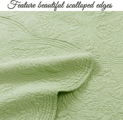 Cozy Line Home Fashions 100% Cotton Medallion Matelasse Embossed Bedding Quilt Set, Reversible Lightweight Bedspread, Coverlet for All Season (Blantyre - Green, Queen - 3 Piece)