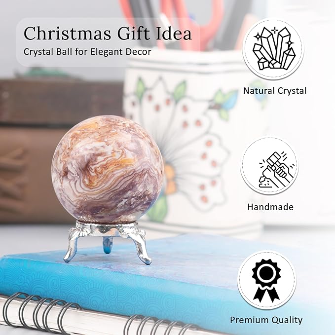 Crocon 45mm Rosetta Jasper Stone Sphere Ball with Metal Stand 1400+ Carats Gemstone Ball Healing Sphere Sculpture Figurine for Fengshui Divination Home Decoration Photography Crystal Sphere