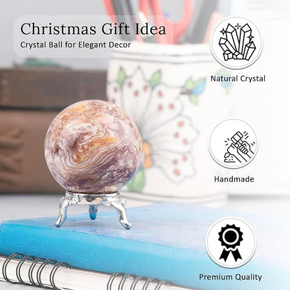 Crocon 45mm Rosetta Jasper Stone Sphere Ball with Metal Stand 1400+ Carats Gemstone Ball Healing Sphere Sculpture Figurine for Fengshui Divination Home Decoration Photography Crystal Sphere