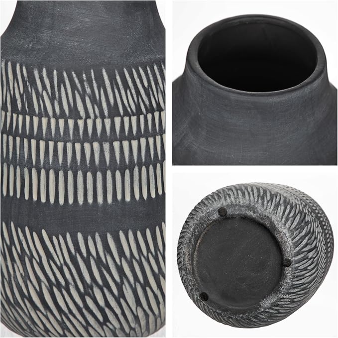 11" Rustic Farmhouse Vase with Linear Stripe, Antique Ceramic Vase Handmade in Pottery, Decorative Vintage Style for Home, Living Room, Shelf & Entryway Decor, Dark Gray