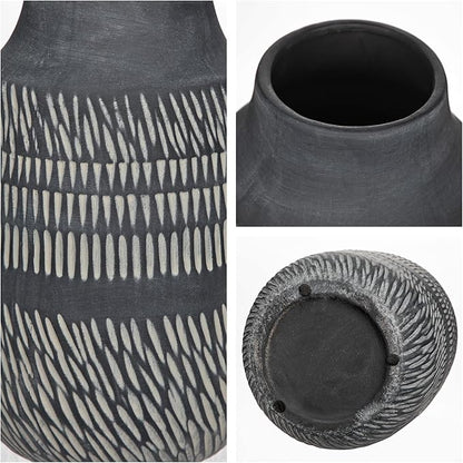 11" Rustic Farmhouse Vase with Linear Stripe, Antique Ceramic Vase Handmade in Pottery, Decorative Vintage Style for Home, Living Room, Shelf & Entryway Decor, Dark Gray