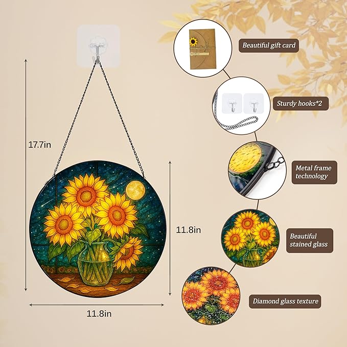 Stained Glass Window Hanging,Sunflower Sun Catchers Stained Glass Panels for Indoor Windows Wall Art Decor, Memorial Gift for Mom Women Wife Men Lovers (11.8inch)
