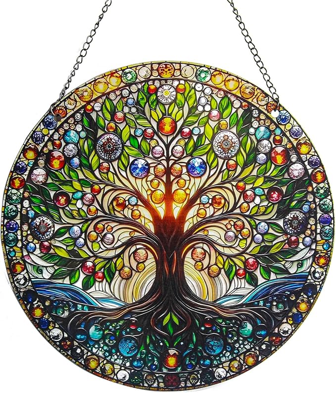 Stained Acrylic Window Handing-Life Tree Suncatcher for Window Doors,Home Decoration, Christmas,Thanksgiving Day,Mother's Day Birthday Gift for Women,Men,and Mom(6In)