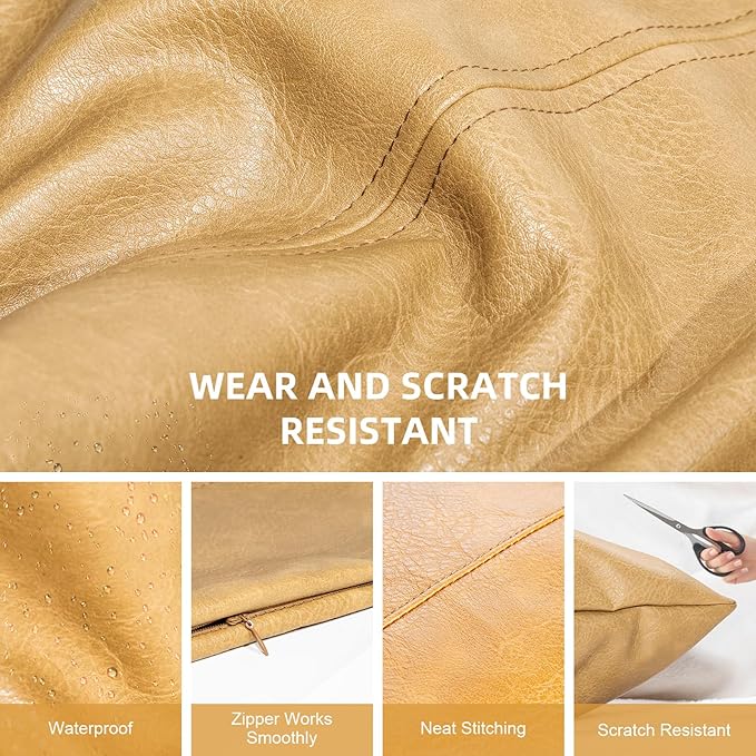 Faux Leather Throw Pillow Covers 20X20 Inch Set of 2 Brown Outdoor Modern Farmhouse Solid Decorative Pillow Covers for Room Couch Living Bedroom Bed Sofa