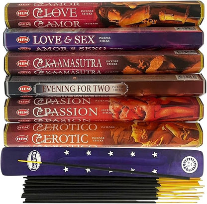 Hem Incense Sticks Variety Pack #3-120 Insence-Sticks (6 Incents x 20 Insense) and Incense Stick Holder Bundle with 6 Love Themed Fragrances