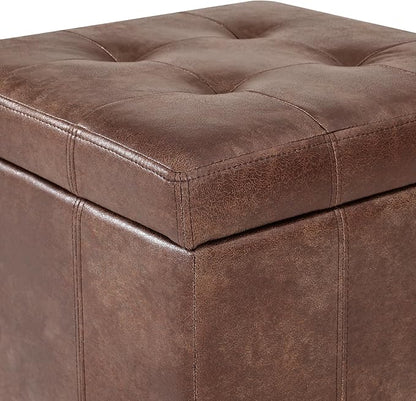 Adeco Faux Leather Storage Ottoman with Hinged Lid, 16 Inch High Vitage Brown Square Cube Foot Stool with Storage, Upholstered Vanity Stool with Solid Wood Legs for Living Room, Bedroom
