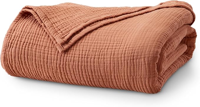 100% Cotton Muslin King Size Blanket | Soft, Breathable, and Lightweight Bed Blanket for All-Season | Perfect for Layering | Maria Collection (King, Rust)