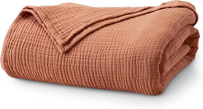 100% Cotton Muslin King Size Blanket | Soft, Breathable, and Lightweight Bed Blanket for All-Season | Perfect for Layering | Maria Collection (King, Rust)
