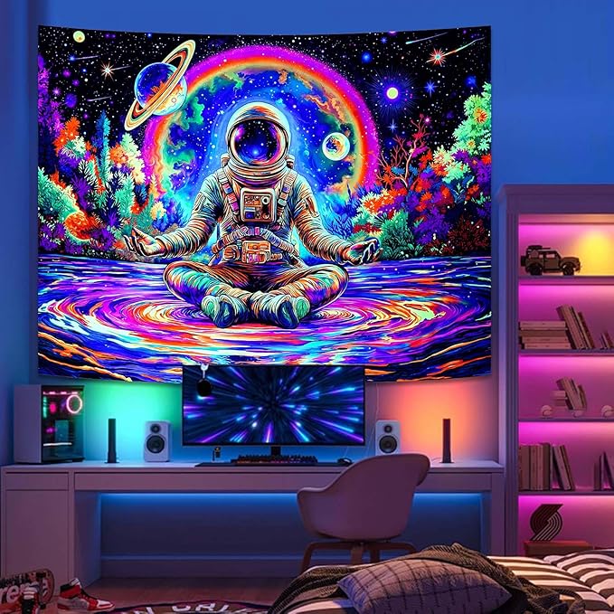 Haibimen Blacklight Astronaut Tapestry Wall Hanging Space Galaxy Travel Funny Meditation Tapestries for Bedroom Colorful Aesthetic Cool Wall Art for Guys Gamer Room Dorm Living Room (Yoga, 60''×44'')