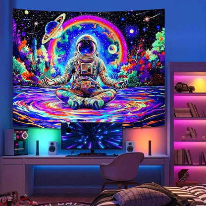 Haibimen Blacklight Astronaut Tapestry Wall Hanging Space Galaxy Travel Funny Meditation Tapestries for Bedroom Colorful Aesthetic Cool Wall Art for Guys Gamer Room Dorm Living Room (Yoga, 60''×44'')