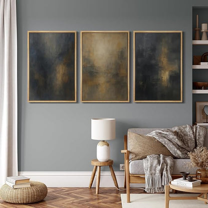 MUDECOR Framed Wall Art Print Set Dark Abstract Modern Contemporary in Navy Blue and Gold Brushstrokes Illustrations Modern Art Decorative for Living Room, Bedroom, Office - 16"x24"x3 Natural