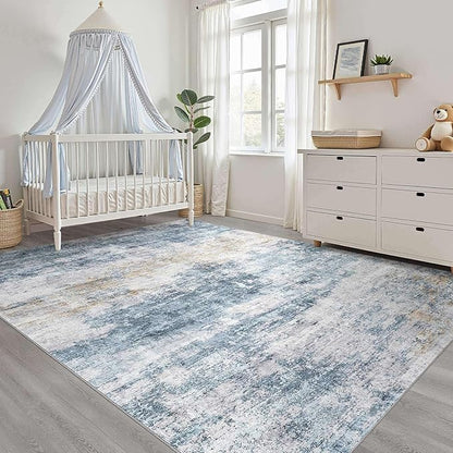 10x12 Area Rugs Living Room: Washable Large Neutral Rug Abstract Soft Modern Stain Resistant Indoor Floor Non-Slip Carpet for Bedroom Nursery Kids Office Playroom Dining Room Under Table- Blue Gold