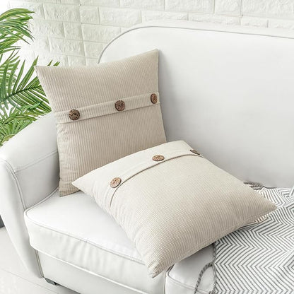 HWY 50 Cream White Chenille Throw Pillow Covers 16x16 Inch with Triple Buttons, Soft Farmhouse Accent Decorative Cushion Cases for Couch Sofa Bed Bedroom Pack of 2