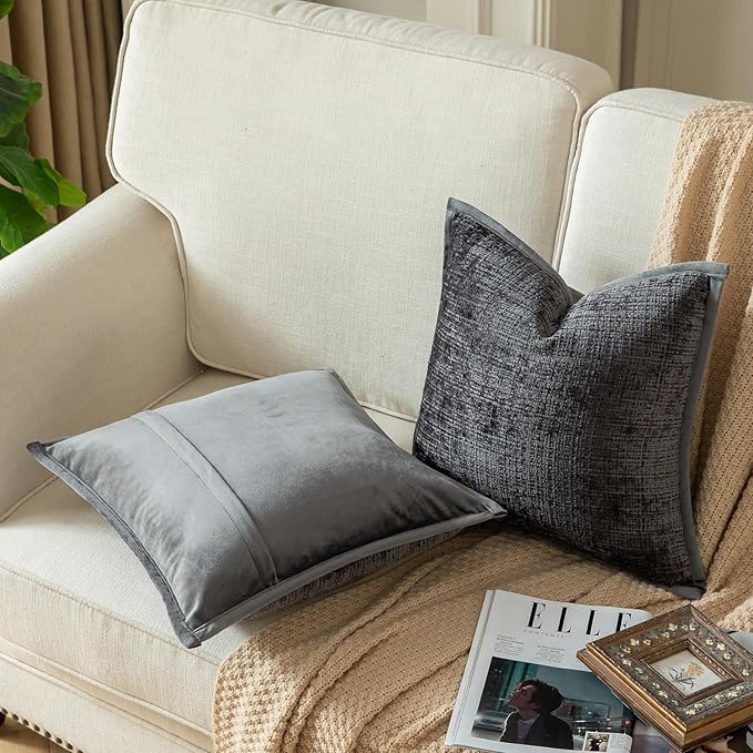 Yaertun Pack of 2 Chenille Textured Decorative Throw Pillow Covers Accent Solid Cushion Cover Soft Cozy Pillow Case with Velvet Back for Couch Sofa Bed Living Room 24x24 Inch Dark Grey