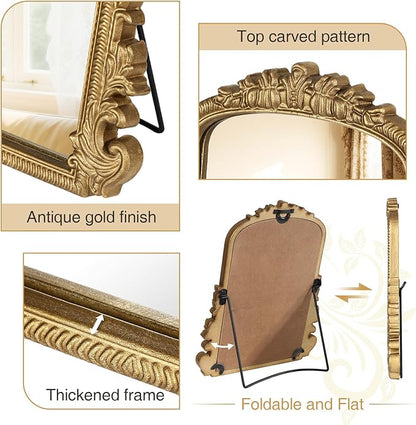 Vintage Vanity Mirror with Stand – 11.8"x9.6" Gold Tabletop Makeup Mirror, Arched Decorative Mirror with Carved Engineered Wood Frame for Bedroom, Dresser, Bathroom or Desk