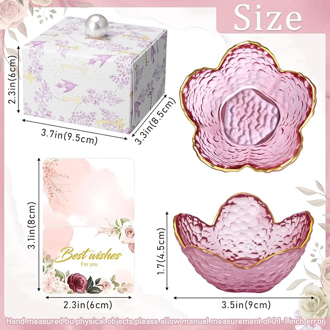 Quelay 8 Set Flower Ring Dish Jewelry Tray with Box and Greeting Card, Small Glass Trinket Tray for Rings Earrings Jewelry Room Decor Gifts for Women Mom Wife Daughter (Purple)