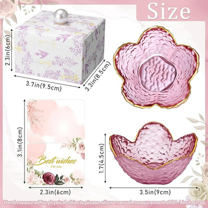Quelay 8 Set Flower Ring Dish Jewelry Tray with Box and Greeting Card, Small Glass Trinket Tray for Rings Earrings Jewelry Room Decor Gifts for Women Mom Wife Daughter (Purple)