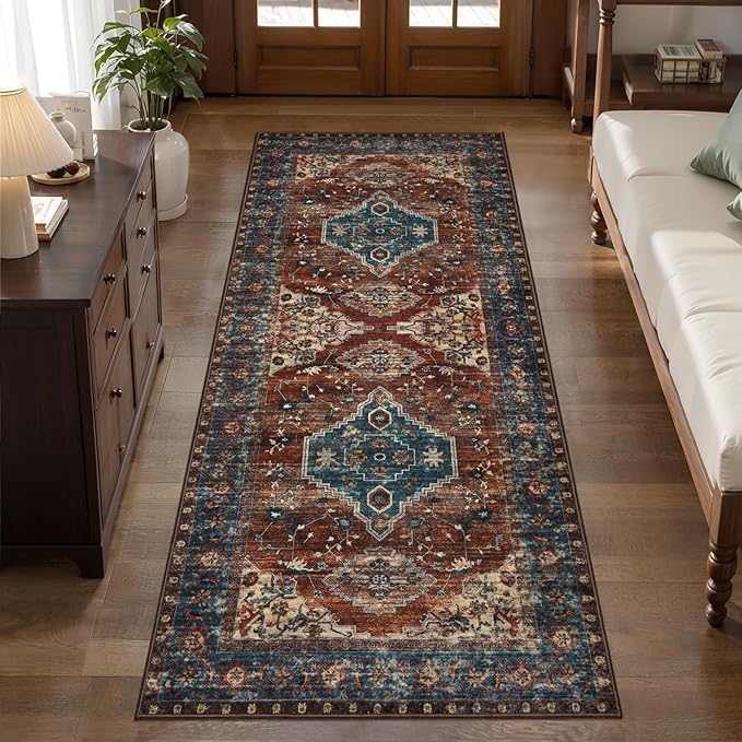 Tangsoo 2x5 Washable Runner Rug for Hallways, Non Slip Vintage Runner Rug, Soft Low Pile Long Rug Runner, Print Distressed Carpet Runners for Kitchen Bedroom Entryway Bathroom Living Room Rust