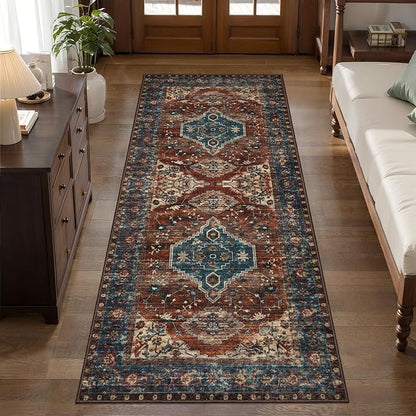 Tangsoo 2.6x8 Washable Runner Rug for Hallways, Non Slip Vintage Runner Rug, Soft Low Pile Long Rug Runner, Print Distressed Carpet Runners for Kitchen Bedroom Entryway Bathroom Living Room