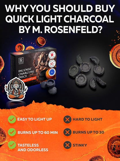Charcoal Discs to Burn Incense - 100 pcs Charcoal for Incense Burning - 33 mm Most Quick Light Coals Tablets by M. ROSENFELD - 33 mm Resin Burner Rolls – Pack of 100 Instant Fire Coal Tablets