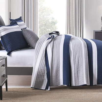 Quilts Queen Size - Queen Quilt Bedspread Sets, 100% Cotton Quilt Bedding Set for Queen Bed, 3 Pieces Striped Reversible Lightweight Quilted Quilt Set Bed Spread, Navy Blue