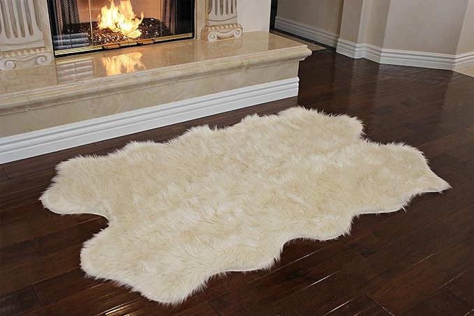 Nouvelle Legende Faux Fur Sheepskin Rug Quattro, Soft, Plush, Premium High-Pile Accent Rug for Bedrooms, Hallways & Living Spaces, Warm & Cozy, Faux Leather Backing, Easy Care, 43" x 73", Ivory White