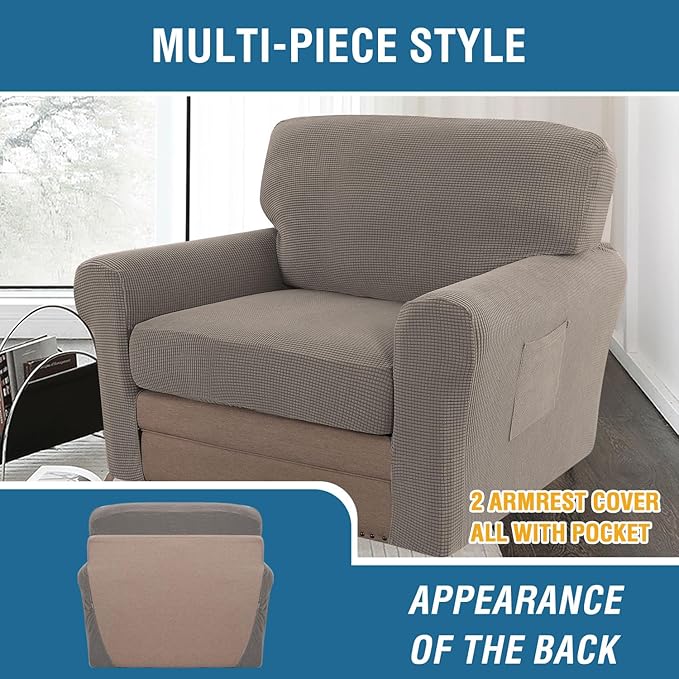 H.VERSAILTEX Multi-Pieces Chair Covers Stretch Couch Covers Form Fitted Seat and Back Cushions Covers (1 Seat Cover Plus 1 Back Cusion Cover, Bonus 2 Armrest Covers), Taupe