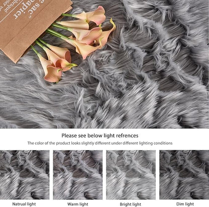 Silver Grey Washable Shaggy Round Rugs 6.6ft Large Faux Sheepskin Fur Rugs for Living Room Bedroom Circle Nursery Rug