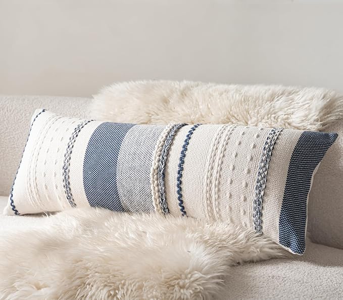 Boho Lumbar Pillow Covers 14x36 Inch Long, Navy Blue Textured Decorative Couch Pillow Cases for Farmhouse Home Decor, Accent Cushion Cover for Sofa, Bed, Living Room, Bedroom, Pack of 1
