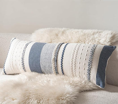 Boho Lumbar Pillow Covers 14x36 Inch Long, Navy Blue Textured Decorative Couch Pillow Cases for Farmhouse Home Decor, Accent Cushion Cover for Sofa, Bed, Living Room, Bedroom, Pack of 1
