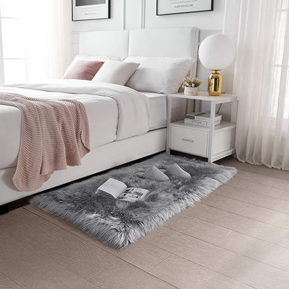 SERISSA Ultra Soft Faux Fur Area Rug Grey Fluffy Rug Plush Chair Cover Seat Pad Fuzzy Carpet Furry Besides Rug for Bedroom Floor Sofa Living Room 2x4 Feet (Rectangular, Light Grey)