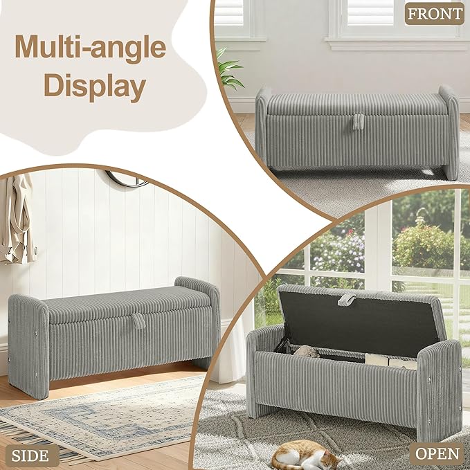 44" Storage Ottoman Bench, Upholstered End of Bed Storage Benches, Rectangle Ottoman with Storage for Bedroom, Entryway, Corduroy Grey