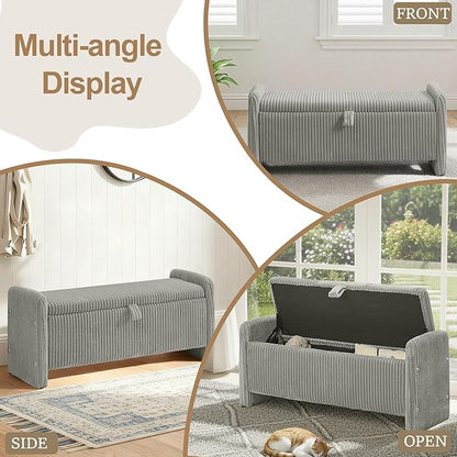 44" Storage Ottoman Bench, Upholstered End of Bed Storage Benches, Rectangle Ottoman with Storage for Bedroom, Entryway, Corduroy Grey