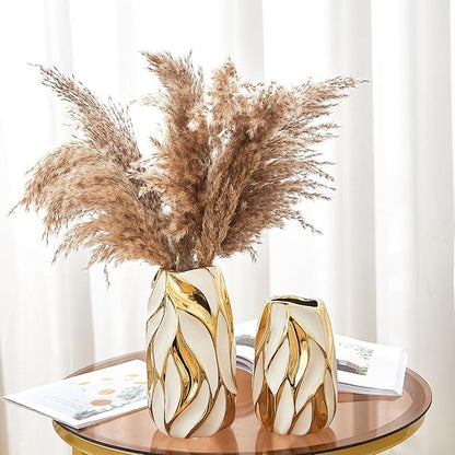 Cream White Ceramic Vase for Flowers, Gold Flower Vase Modern Home Decor, Small Ceramic Vase for Pampas Grass Decorative Vase, for Farmhouse Coffee Table Bookshelf (Small)