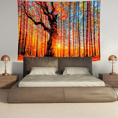 Delur Sunset Forest Tapestry Tree of Life Tropical Rainforest Landscape Tapestry Wall Hanging Scenic Nature Woodland Natural Sunrise Headboard for Bedroom Living Room Home Decor (70.8" x 92.5")
