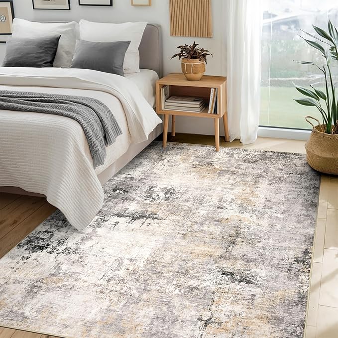 Area Rug Living Room Rugs - 6x9 Modern Abstract Soft Indoor Neutral Washable Rug Stain Resistant Non-Slip Low Pile Carpet for Bedroom Dining Room Home Office - Charcoal Grey