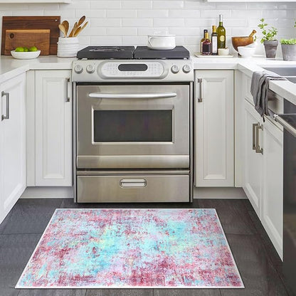Modern Abstract 2x3 Girls Room Rug, Machine Washable Blush Pink Sky Blue Small Area Rug Thin Kitchen Mat Non-Slip, Print Faux Wool Soft Floor Carpet for Girl Women's Bedroom Entryway Bedside