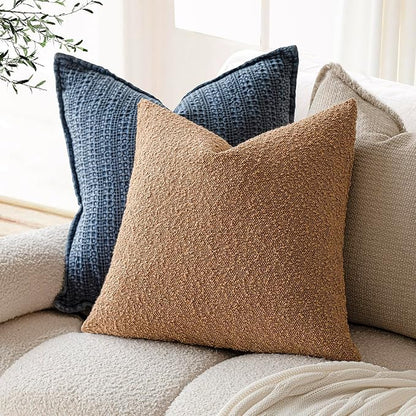 Foindtower Textured Boucle Throw Pillow Covers Accent Solid Pillow Cases Cozy Soft Decorative Couch Cushion Case for Chair Sofa Bedroom Living Room Home Decor, 18 x 18 Inch,Tobacco