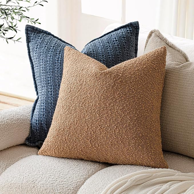 Foindtower Decorative Textured Boucle Throw Pillow Covers Accent Solid Pillow Cases Neutral Soft Cozy Couch Cushion Case for Chair Sofa Bedroom Living Room Home Decor 16x16 Inch,1PC,Tobacco