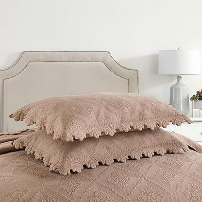 MarCielo 3-Piece 100% Cotton Oversized Bedspread Lightweight Quilt Coverlet Embroidery Farmhouse Bedding Set (TK Pale Taupe Camel, Oversized King (118"x106"))