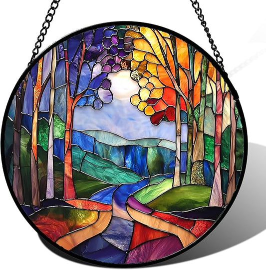 DASTOLL Stained Glass Window Hanging, Colorful Forest Landscape Tree Suncatcher for Doors Window Home Abstract Sun Catchers Decoration Mother's Day Birthday Gifts for Women, Men, and Mom 15 in