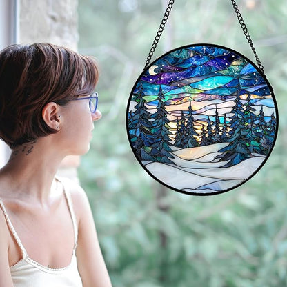 DASTOLL Stained Glass Window Hanging, Starry Sky Trees and Snow Sun Catchers Glass Panel Blue Suncatcher Decor for Birthday for Women, Men, Wife, Aunt, and Mom 14.9x14.9 in